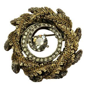 Gorgeous Vintage Signed ART Gold tone and Rhinestone Swirl Wreath Brooch Art Dec